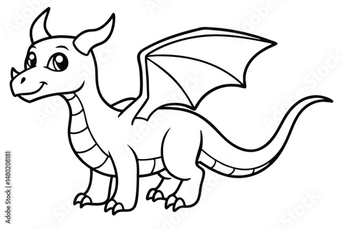 Cartoon outlined dragon smiles, showing horns, small wings, and scale detail against a transparent background