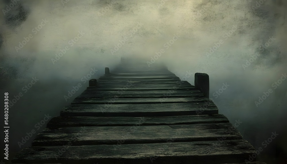 Obraz premium Mysterious wooden walkway through a thick fog.