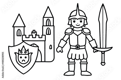 Cartoon smiling warrior is guarding the castle and holding a sword illustration