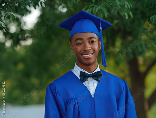 Happy Black high school male graduate in blue cap and gown smiling at camera, standing outside with green trees background, celebrating graduation success.