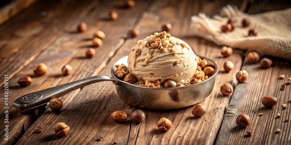 A single scoop of creamy, nutty ice cream sits in a silver dish surrounded by scattered hazelnuts on a rustic wooden table. A single scoop of creamy, nutty ice cream sits in a silver dish surrounded by scattered hazelnuts on a rustic wooden table.