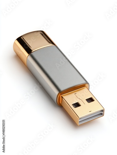 Close-up of a modern USB flash drive with a sleek metallic body and gold accents, isolated on a white background, highlighting technology and data storage devices