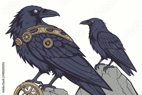 23 intricate digital art, highly detailed fantasy steampunk crows, dark blue iridescent feathers, brass and copper mechanical parts, gears and pipes, gothic victorian style, cinematic lighting, dramat
