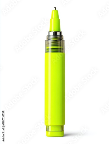 Bright yellow highlighter pen with chisel tip for marking text and highlighting important information on paper documents, isolated on a white background