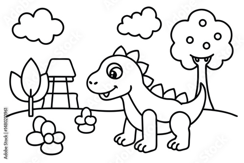 Cute cartoon dinosaur smiles happily near trees and flowers in a simplistic black outline