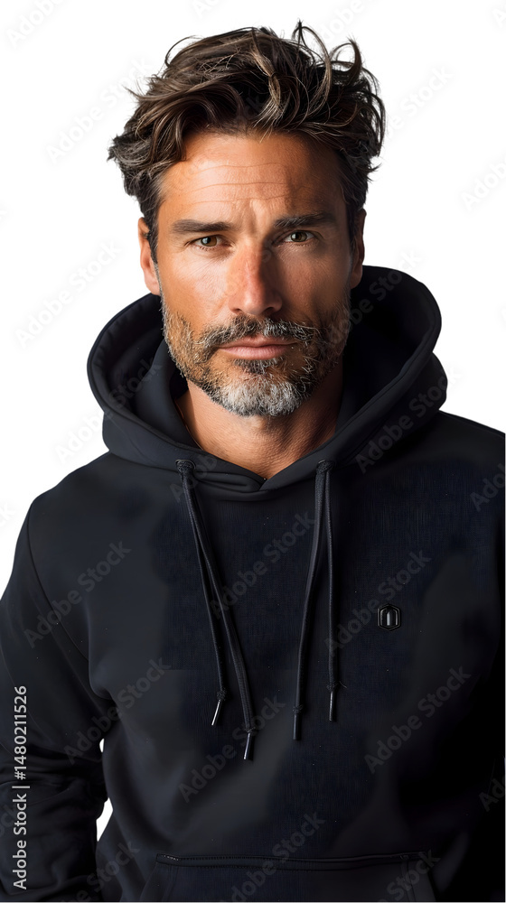 Obraz premium Man in black hoodie with studio portrait.