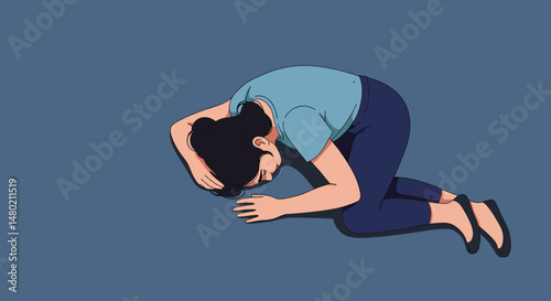 Crouching woman in despair on a blue background in a minimalist style - concept
