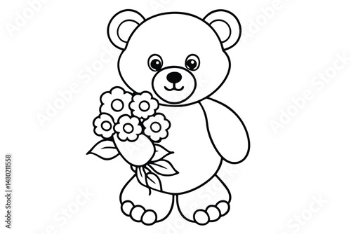 Cute teddy bear holds a flower bouquet in a outlined monochrome style isolated