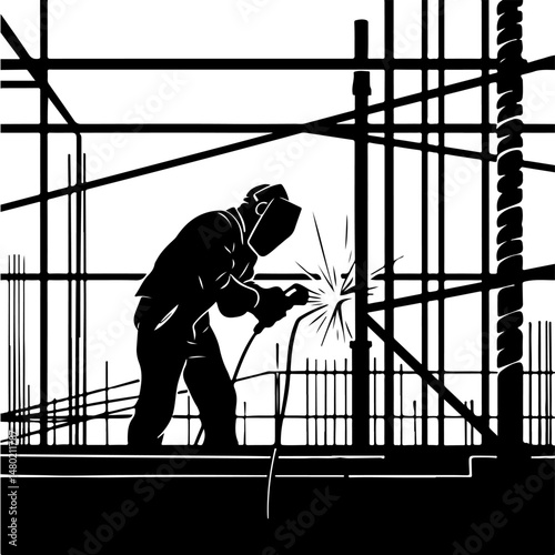 Welder welds iron elements on construction site. Vector flat black illustration in the form of silhouette
