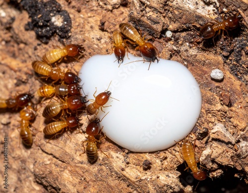 termites surrounding and feeding on a drop of white viscous liquid