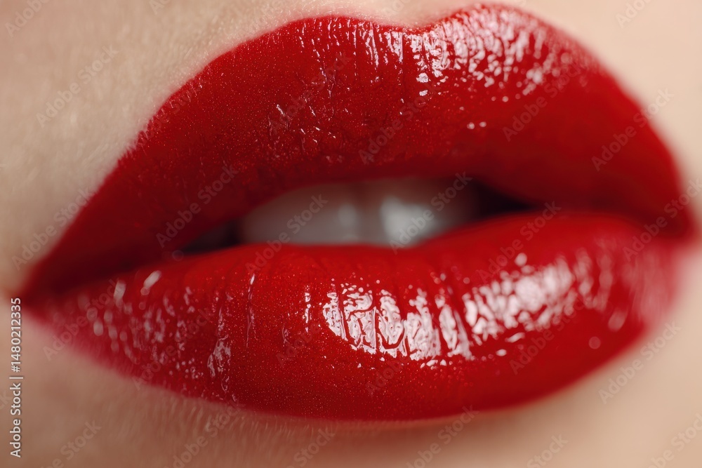 Obraz premium Macro shot of a woman's lips with vibrant red lipstick, showcasing a glossy, plump texture with detailed reflections and a seductive appeal and aesthetic.