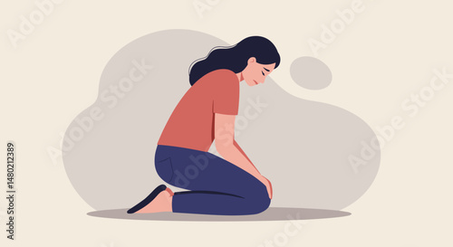Sad woman kneeling on the ground in a minimalist style on a light background - concept
