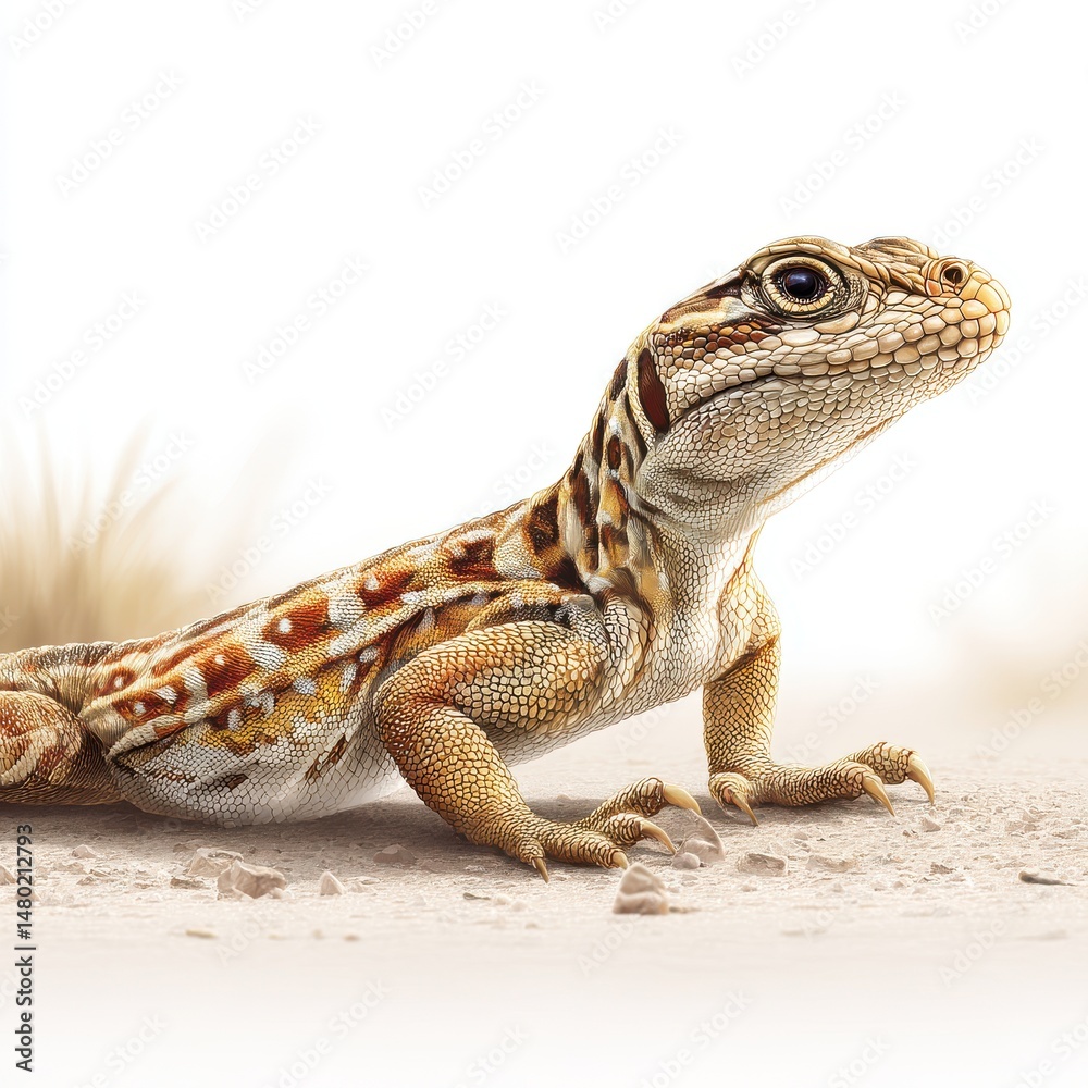 Obraz premium Close-up of a colorful lizard with intricate patterns on its skin, standing on sandy ground with a plain white background, detailed texture and natural pose