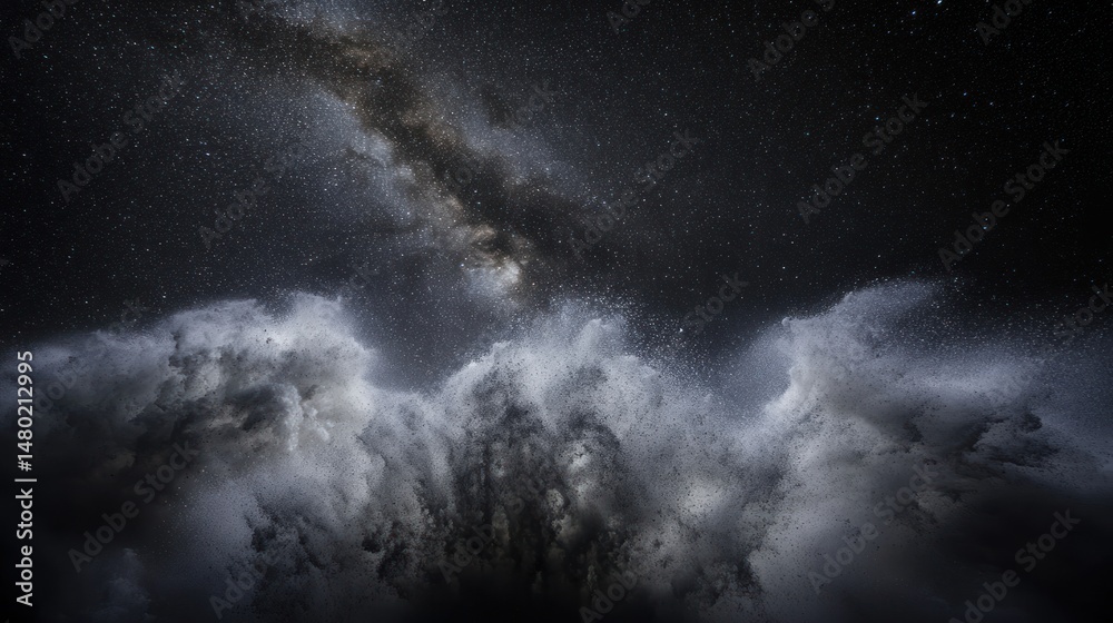 Fototapeta premium Explosion of White Powdery Dust in Space with Dark Background