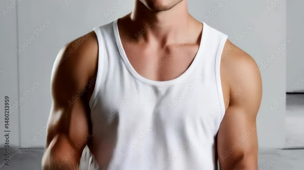 Close-up studio shot of a muscular torso with strong arms wearing a white tank top, isolated on a white backdrop showcasing physical fitness and male grooming.