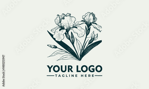 Elegant Line Art Illustration of an Iris Flower with Graceful Petals and Detailed Stem. Floral Design Concept