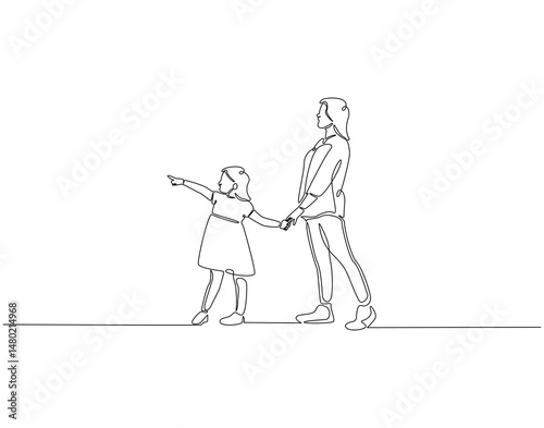 Continuous one line drawing of mother and daughter. One line drawing illustration of mom with her female child. Mother day concept single line. Editable outline