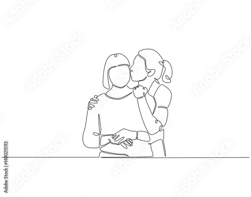 Continuous one line drawing of mother and daughter. One line drawing illustration of mom with her female child. Mother day concept single line. Editable outline