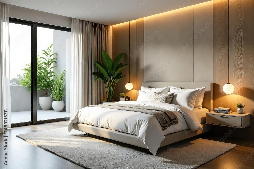 Obraz premium Modern California king-size bedroom, minimalist design, design, lines, geometric