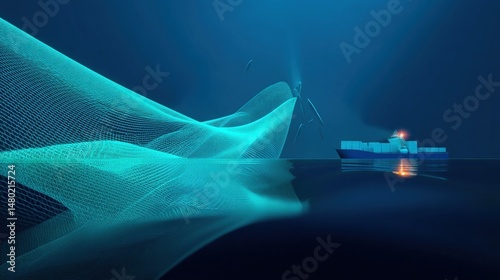 An underwater perspective of the sonar net as it interacts with marine life depicting the technologys role in ensuring safe navigation for cargo ships above the surface.