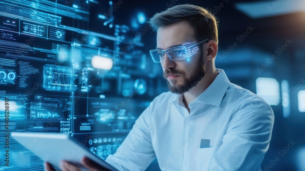 Fototapeta premium Young Professional with Glasses Interacting with Digital Technology