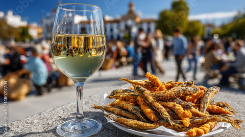 A glass of white wine on the terrace of a restaurant in Seville, Spain