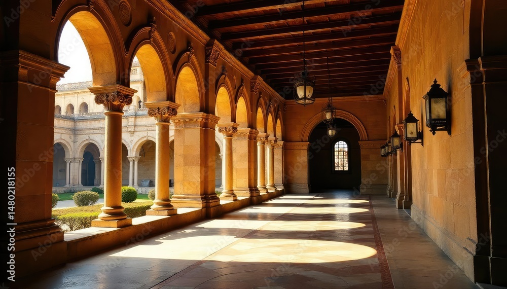 Obraz premium Sunlit Barcelona monastery cloister, ornate details, daylight, calm