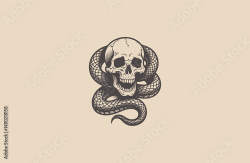 Snake wrapped around skull head with vintage style logo engraving template