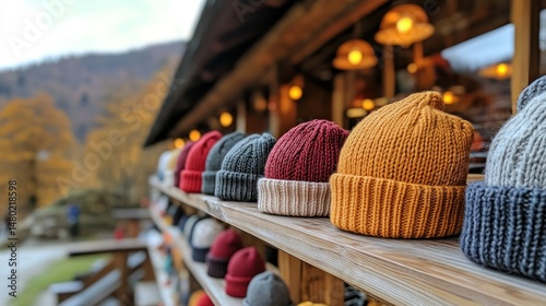 Colorful knit hats on wooden shelves