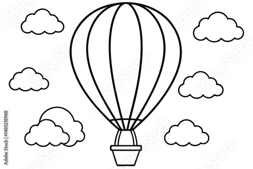 Line art depicts a hot air balloon surrounded by fluffy clouds against white backdrop