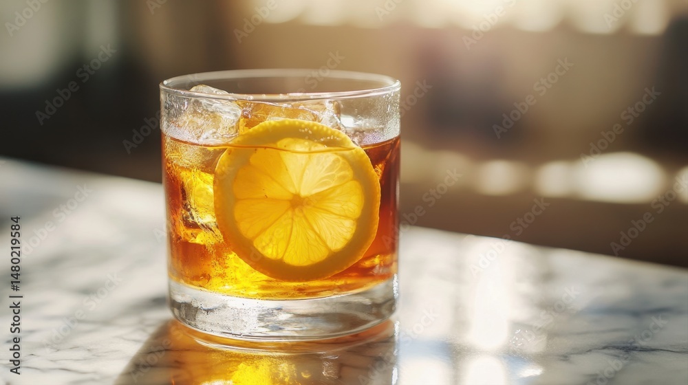 Refreshing beverage with ice and lemon slice in a glass on marble surface with sunlight reflections