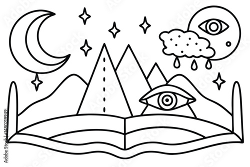 Line art reveals a mystic landscape with mountains, moon, stars, cloud and eyes