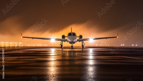 Nighttime aircraft taxiing on a wet runway.