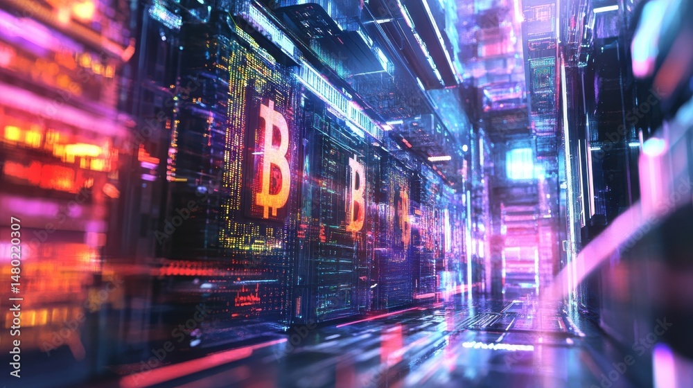 Fototapeta premium Futuristic Blockchain Network with Illuminated Cryptocurrency Symbols