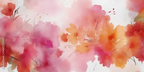 Pintura de acuarela abstracta de flores rosas y rojas sobre fondo blanco, con pinceladas rosas y naranjas que crean un efecto artístico
