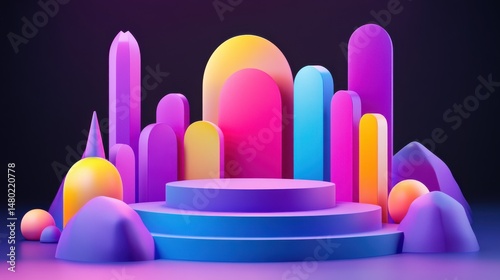 Vibrant 3D Geometric Shapes on a Stage in Neon Colors