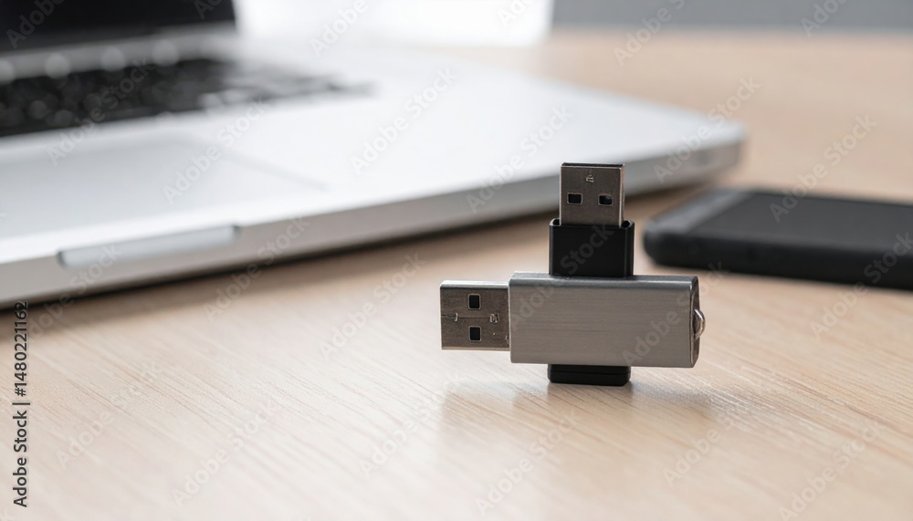 Fototapeta premium Usb Drive on Desk Near Laptop and Phone