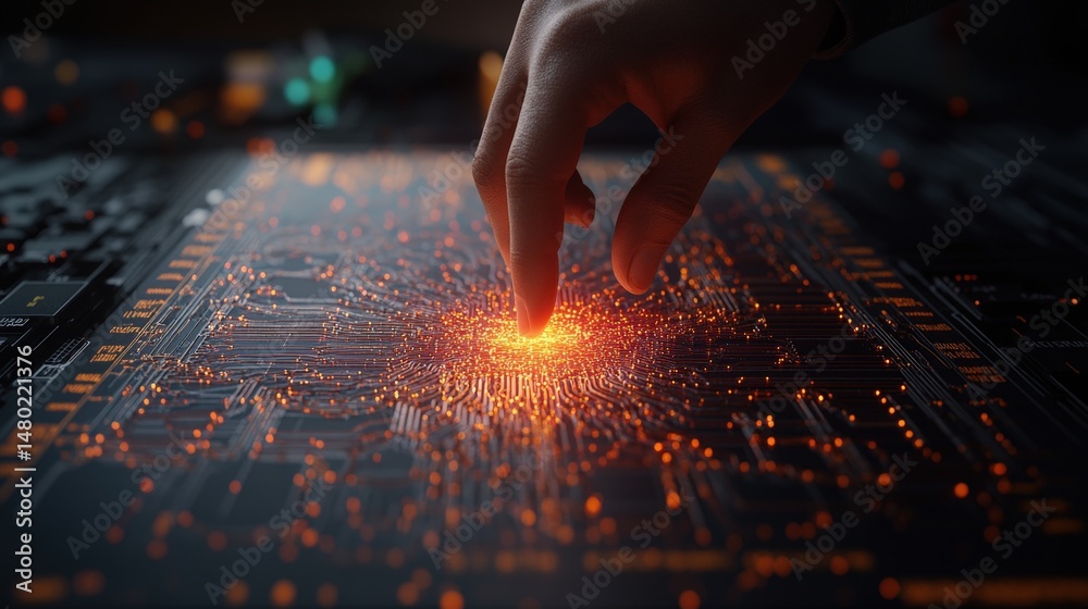Naklejka premium Close-up of a person's hand touching a glowing circuit board with illuminated microchips and electronic components