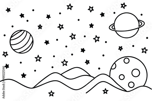 Line drawing features cartoon planets, twinkling stars, and lunar mountains set against a white background
