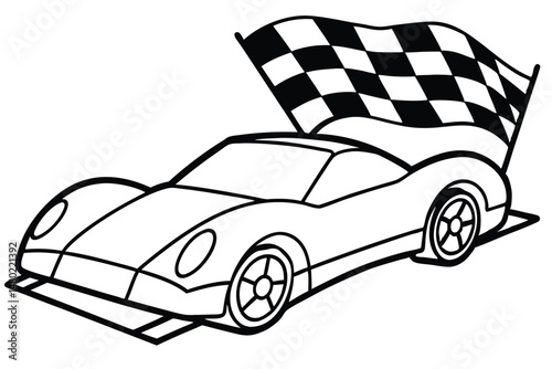 Line art shows a race car with a checkered flag behind it on white