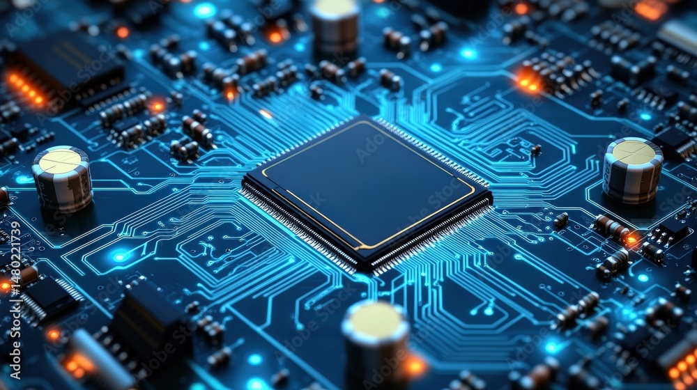 Close-up of a modern computer motherboard with integrated circuit chip and electronic components Close-up of a modern computer motherboard with integrated circuit chip and electronic components