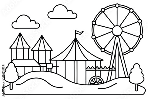 Linear outline shows a charming amusement park with tents and a Ferris wheel