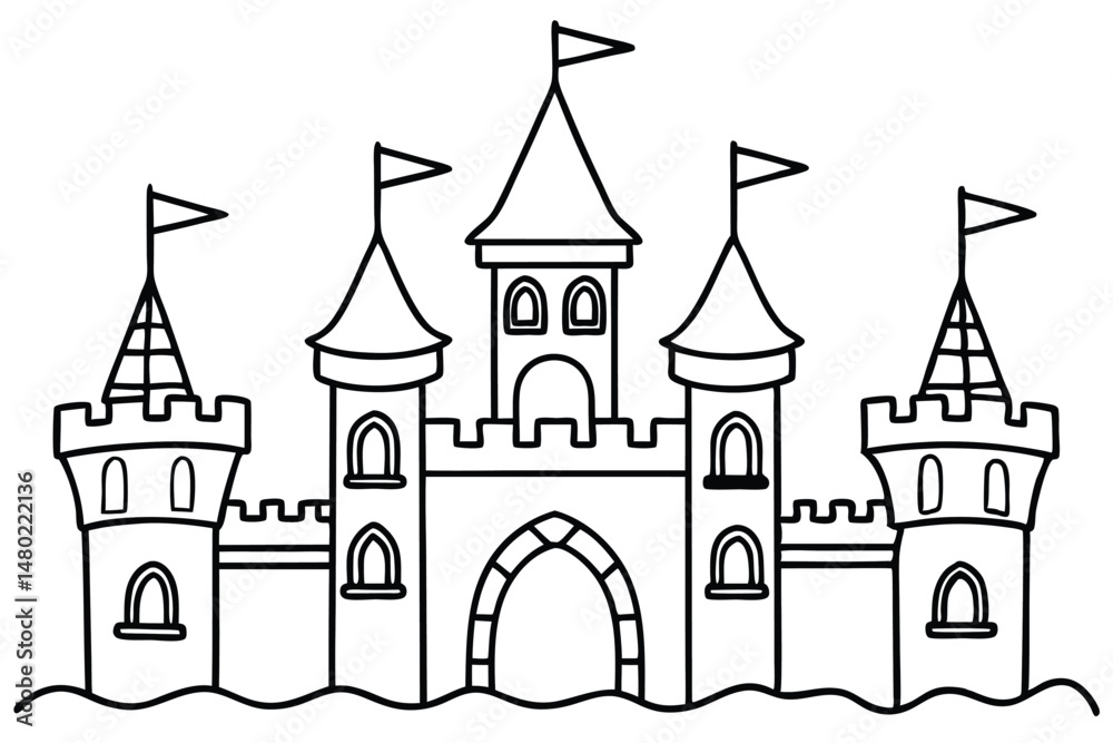 Majestic fairy tale castle stands tall with flags waving, depicted in a black outline Majestic fairy tale castle stands tall with flags waving, depicted in a black outline