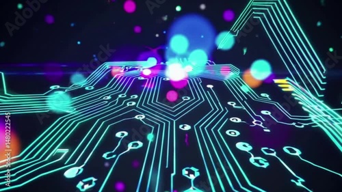 Neon blue circuit board with LED light.Futuristic, digital technology, materials for electronics and IT concept,4K
