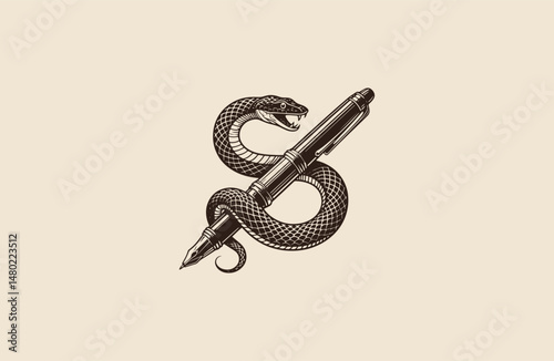 Snake logo wrapped around pencil with engraving style template design