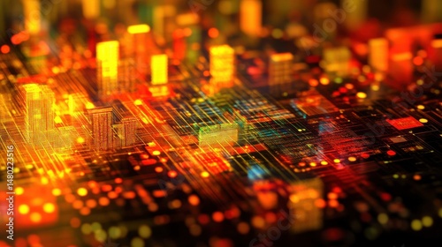 Abstract Digital Cityscape with Illuminated Grid and Structures