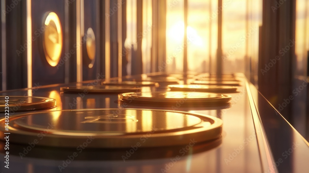 Obraz premium Golden Coins on Table with Sunset View through Large Windows