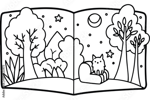 Open storybook shows a black outlined nature landscape with a cute animal at night