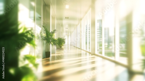 Bright Hallway View with Potted Plants, Windows, and Shiny Wooden Floor