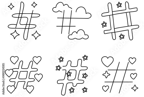 Stylish hashtag symbols with clouds, stars, and hearts create playful and artistic vibe. Perfect for social media icons